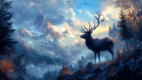 Majestic stag surveys misty mountain range at sunrise
