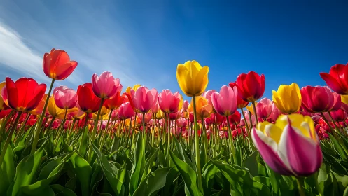 Field of tulips photographed against clear sky with ground perspective.