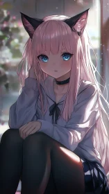 Pink haired anime catgirl sitting indoors in soft light.