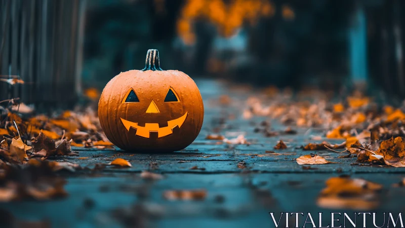 Glowing jack-o-lantern on wet autumn path at dusk.