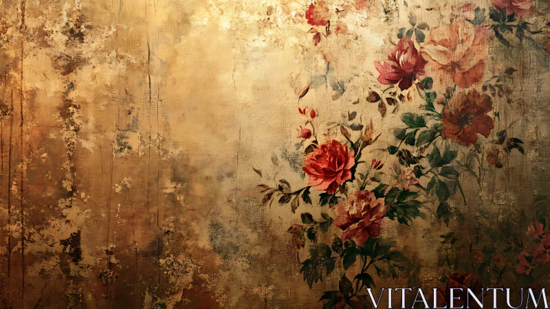 Timeworn golden plaster quietly cradles drifting roses