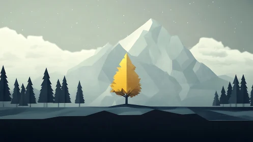 Solitary golden tree beneath stylized geometric mountains.