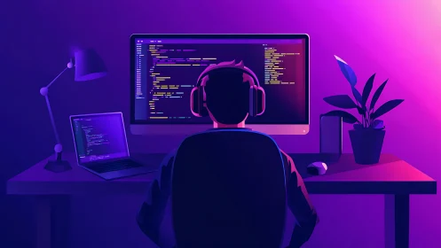 Programmer at dual screens in neon purple workspace.