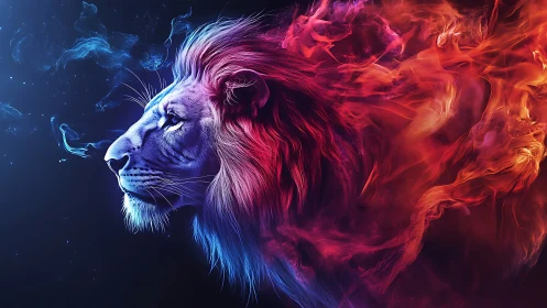 Digital painting of lion portrait with spectral flame mane.