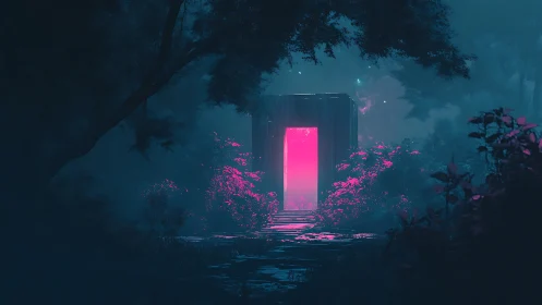 Neon portal humming in a midnight forest of electric hush.