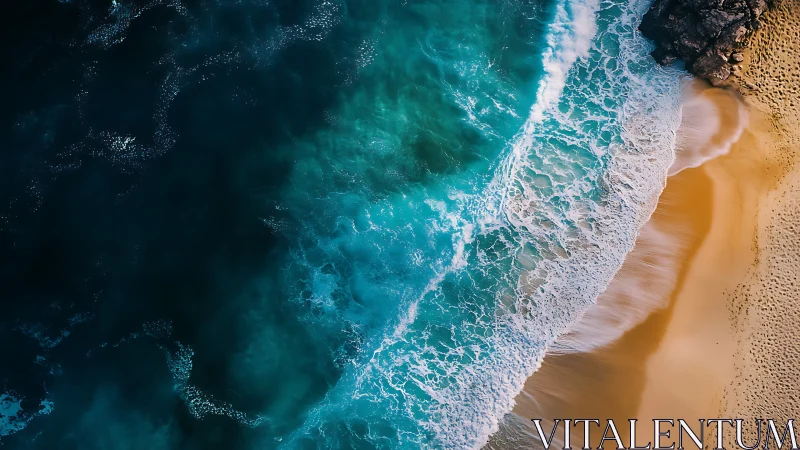Aerial shoreline captures wave dynamics, surf foam and sand gradient
