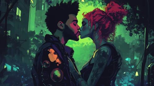 Neon Urban Kiss: Cyberpunk Romance in Glowing City.