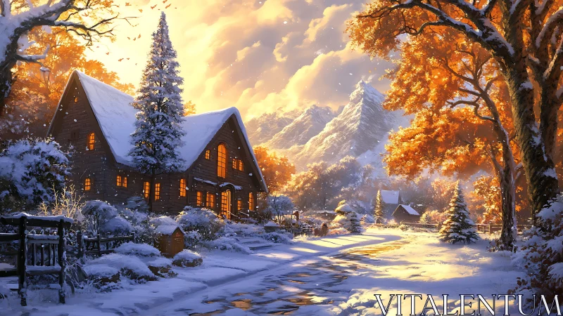 Snow-covered cottage stands along sunlit mountain road