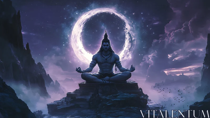 Moonlit mountain yogi holding stillness above the clouds.