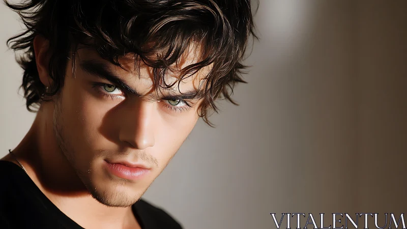 Intense hazel gaze framed by tousled dark waves in light.