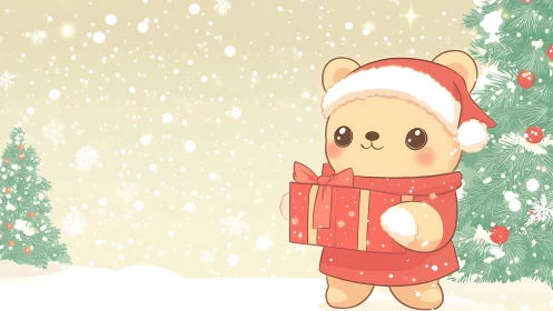 Cute Christmas bear holding gift in snowy landscape.