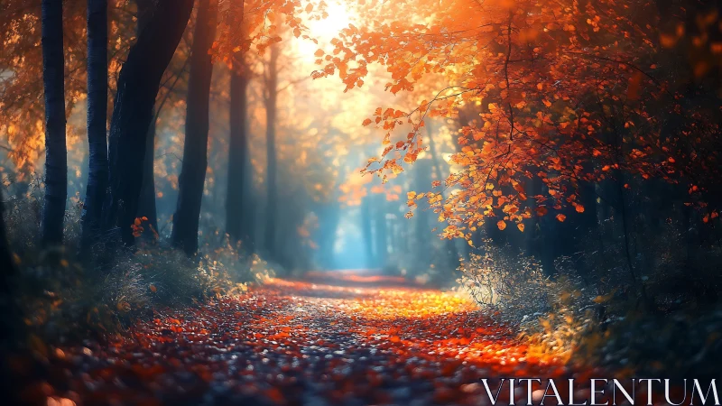 Golden Autumn Path Through Glowing Forest.