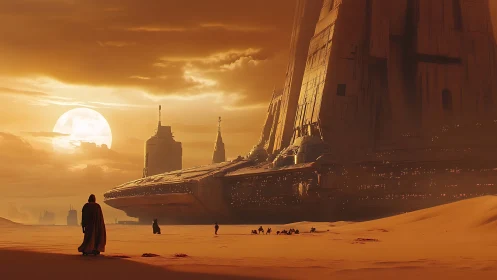Futuristic desert city with starship and robed figures at dusk.