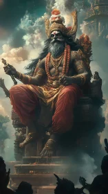 Majestic warrior deity seated above celestial clouds.