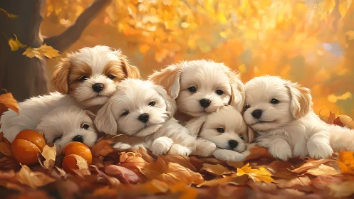 Six small puppies rest on autumn leaves in soft lighting