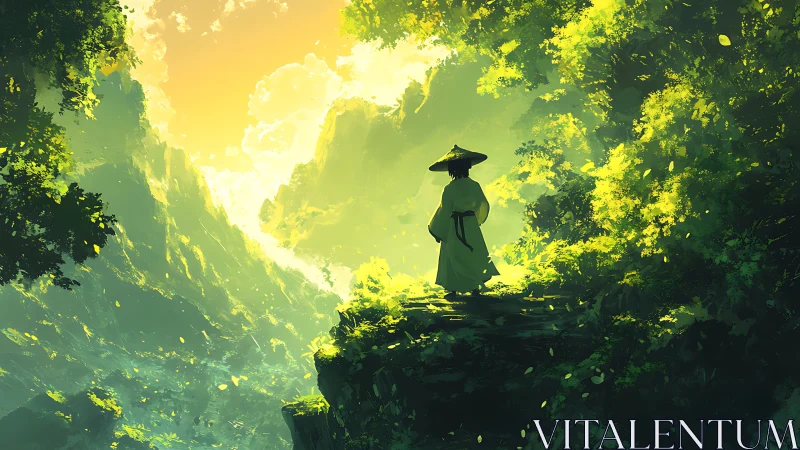 Digital painting of robed wanderer on luminous forest cliff.