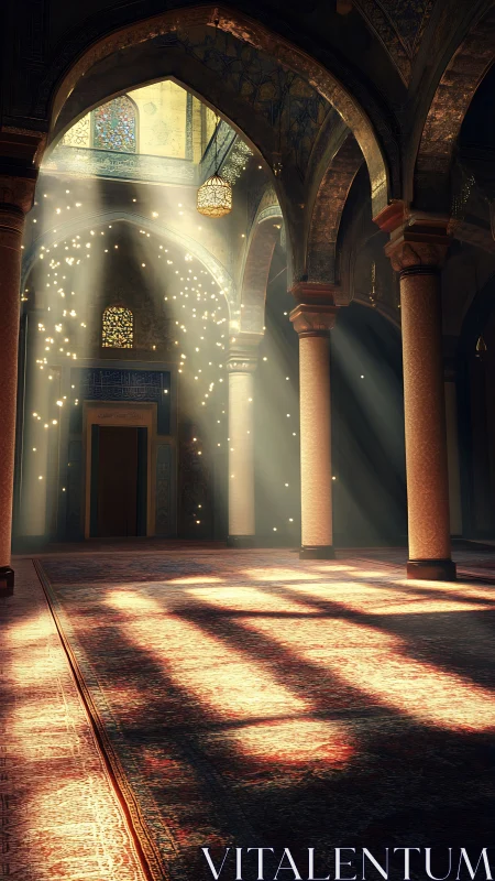 Sunlit Islamic arcade interior with dust motes and carpets