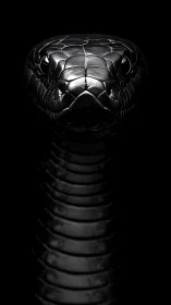 Metallic black snake head emerges from deep darkness.