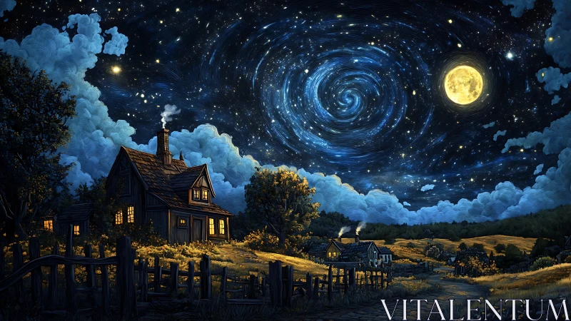 Moonlit cottage landscape under swirling starfield sky.