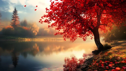 Digital painting of scarlet riverside maple at sunrise glow.