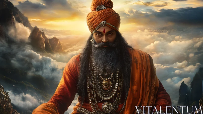 Mystic Himalayan sage in saffron robes, jeweled ornaments, sunrise