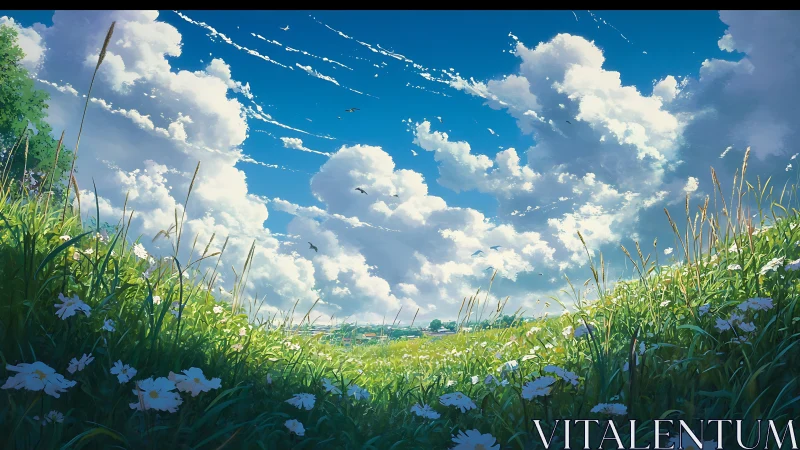 Sunlit meadow slopes frame distant town under vast clouds