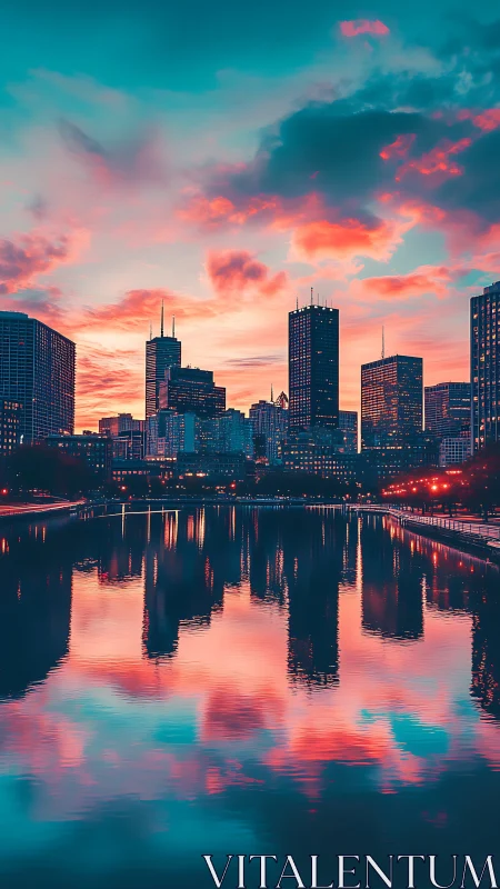 Urban skyline with river reflection under vivid sunset sky.