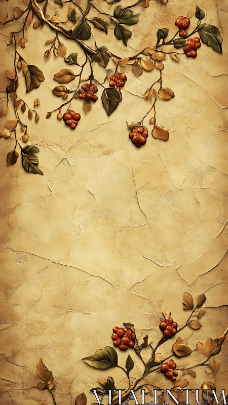 Ornate berry branches over textured ochre plaster wall.