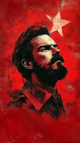 Revolutionary portrait rises beneath a stark white star.