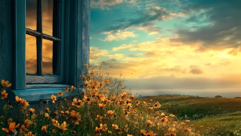 Sunlit cottage window beside wildflower meadow at dusk.