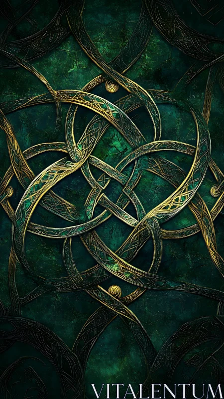 Interlaced metallic knotwork on textured green background.