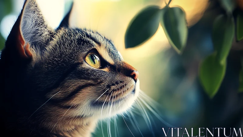 Tabby cat gazes upward with striking golden eyes in natural light.