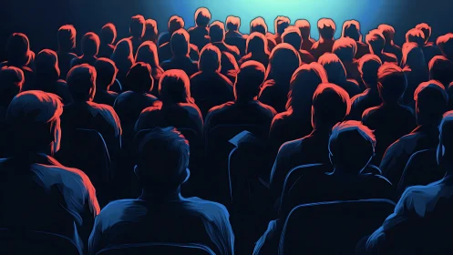 Digital painting of silhouetted audience under cinematic glow.