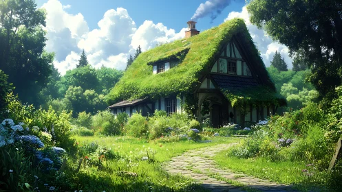 Sunlit cottage with overgrown green roof anchors lush garden