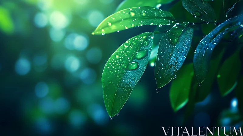 Close-up of wet green leaves with water droplets at night.