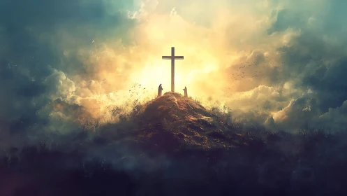 Radiant cross crowns a misty hill under glowing heavens.