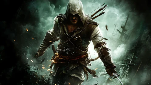 Hooded armed figure advancing through smoke and debris.