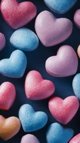 Colored heart-shaped objects arranged on dark background.