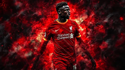 Football player in red kit amid abstract red background.