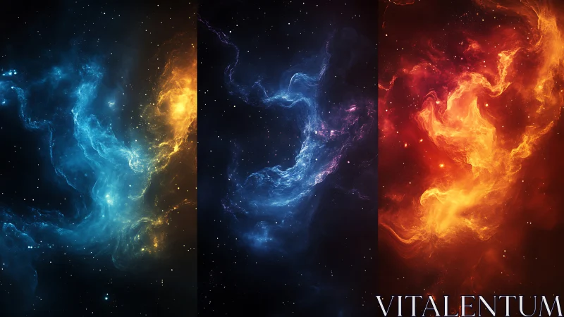 Cosmic nebula triptych in blue, gold, and ember hues.