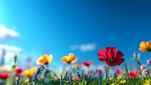 Vibrant wildflower meadow under brilliant blue sky.