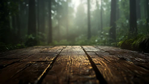 Wooden Passage Through Misty Forest Depths.