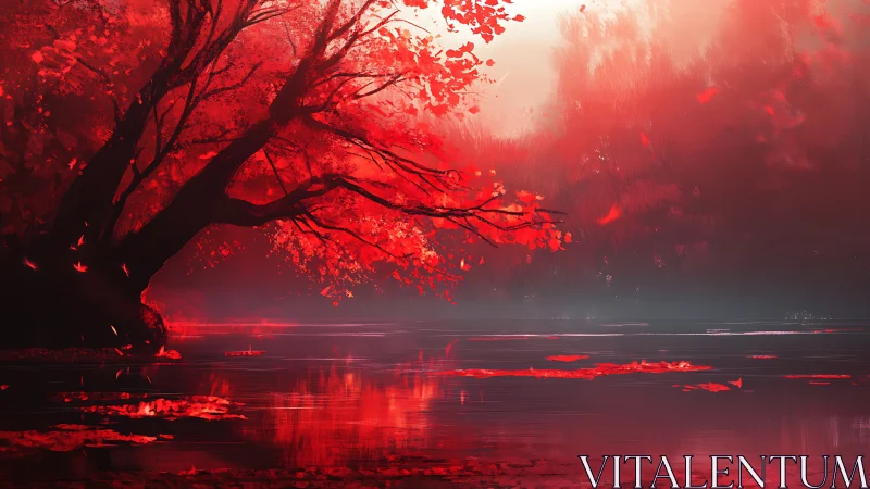 Crimson autumn tree glows over a serene reflective lake