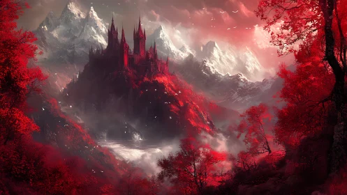 Crimson mountain citadel amid glacial peaks and spectral mist.