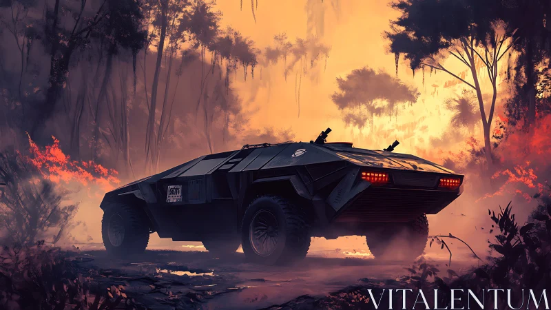 Futuristic rover pauses in a misty, ember-lit jungle dusk.