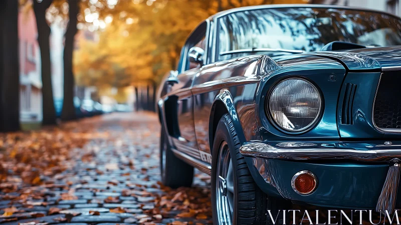 Classic blue muscle car parked on leafy autumn street.