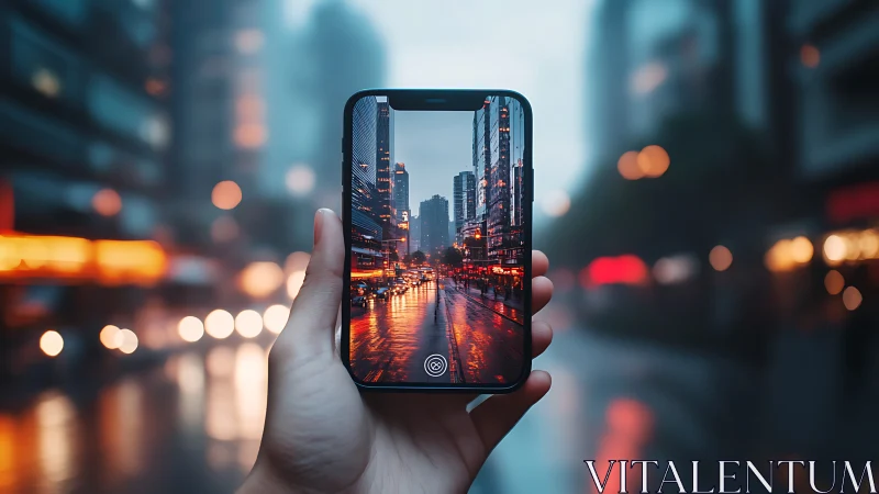 Handheld smartphone frames neon city street in wet twilight