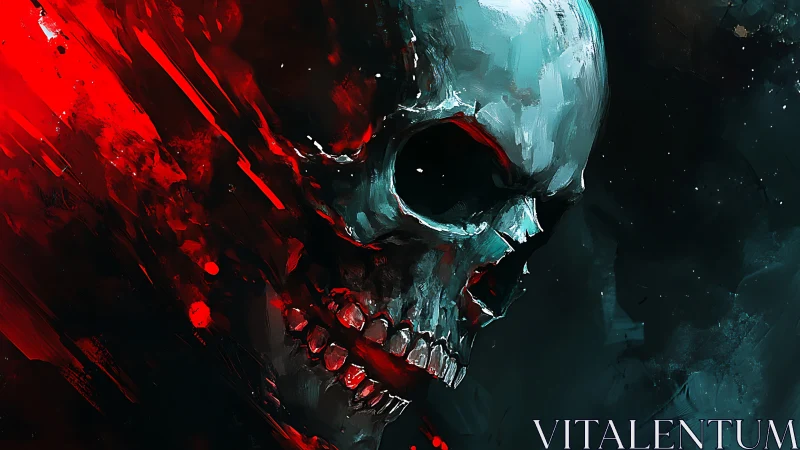 Digital skull profile in red and dark abstract field.