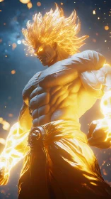 Flaming golden warrior radiates power in fiery night sky