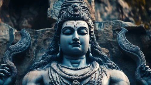 Stone Shiva statue with serene expression and trident detail.